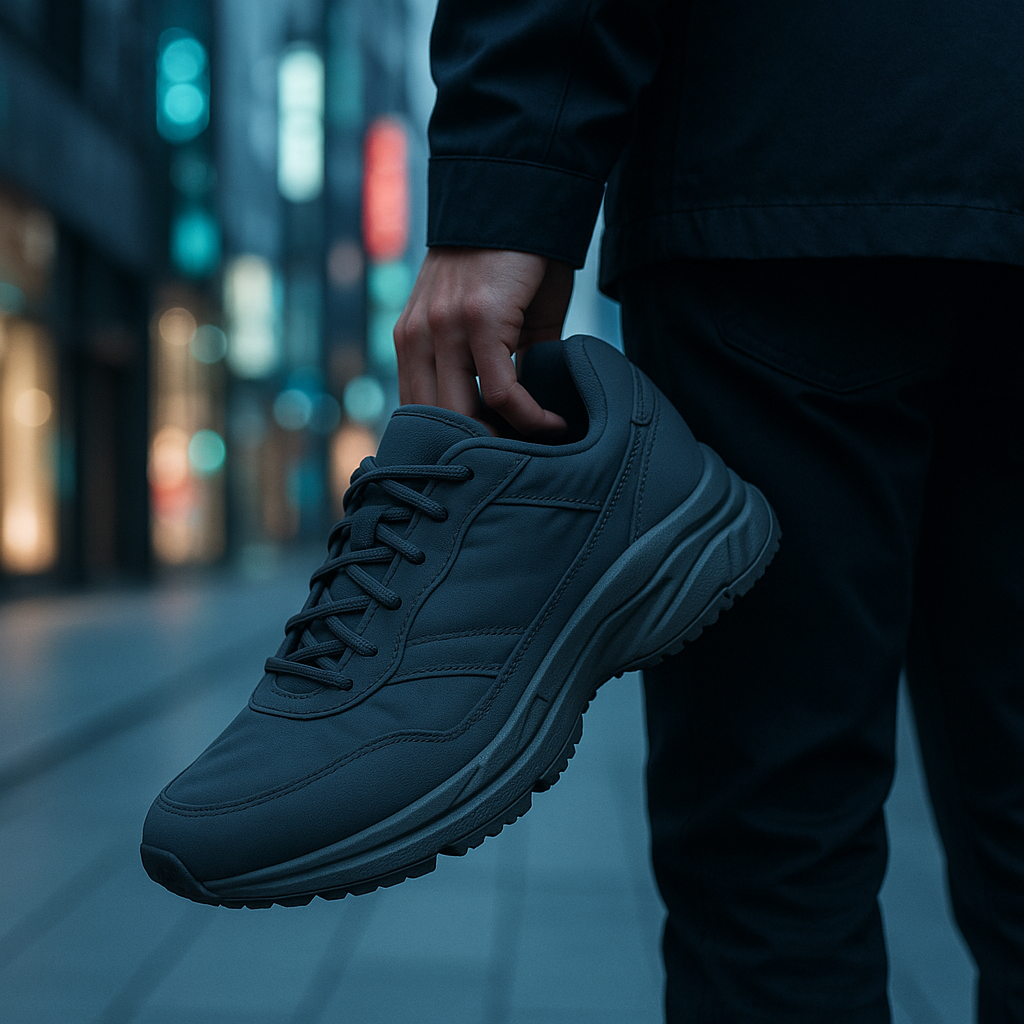 東京のストリートを背景にテック素材のスニーカーをクローズアップした写真