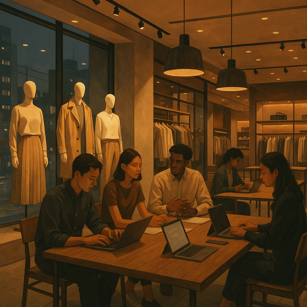 東京の旗艦店をイメージした店内で若いスタッフが働く風景。マネキンやワークスペースが見える。