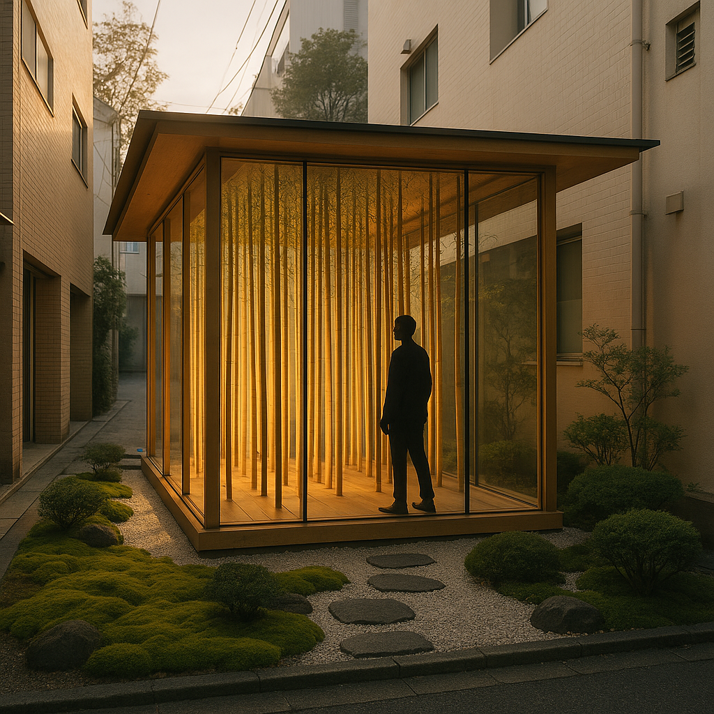 竹と光を取り入れたモダンなパビリオンと小さな日本庭園が並ぶ、朝の代官山の風景