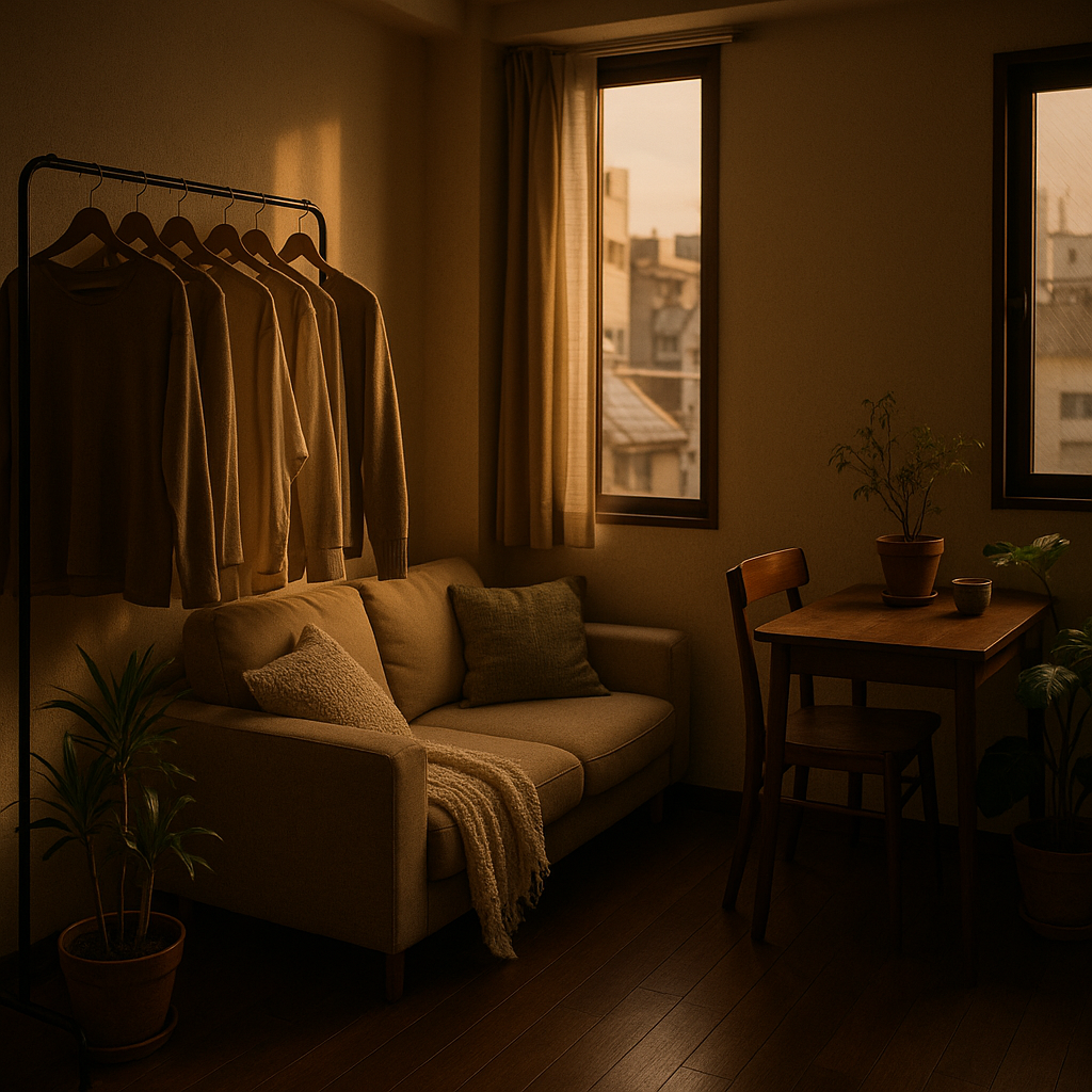 東京の小さな部屋の一角。窓辺に差し込む柔らかな光と、ナチュラルな色合いの服が掛かったシンプルなラック、観葉植物とコンパクトな家具が並ぶ様子。