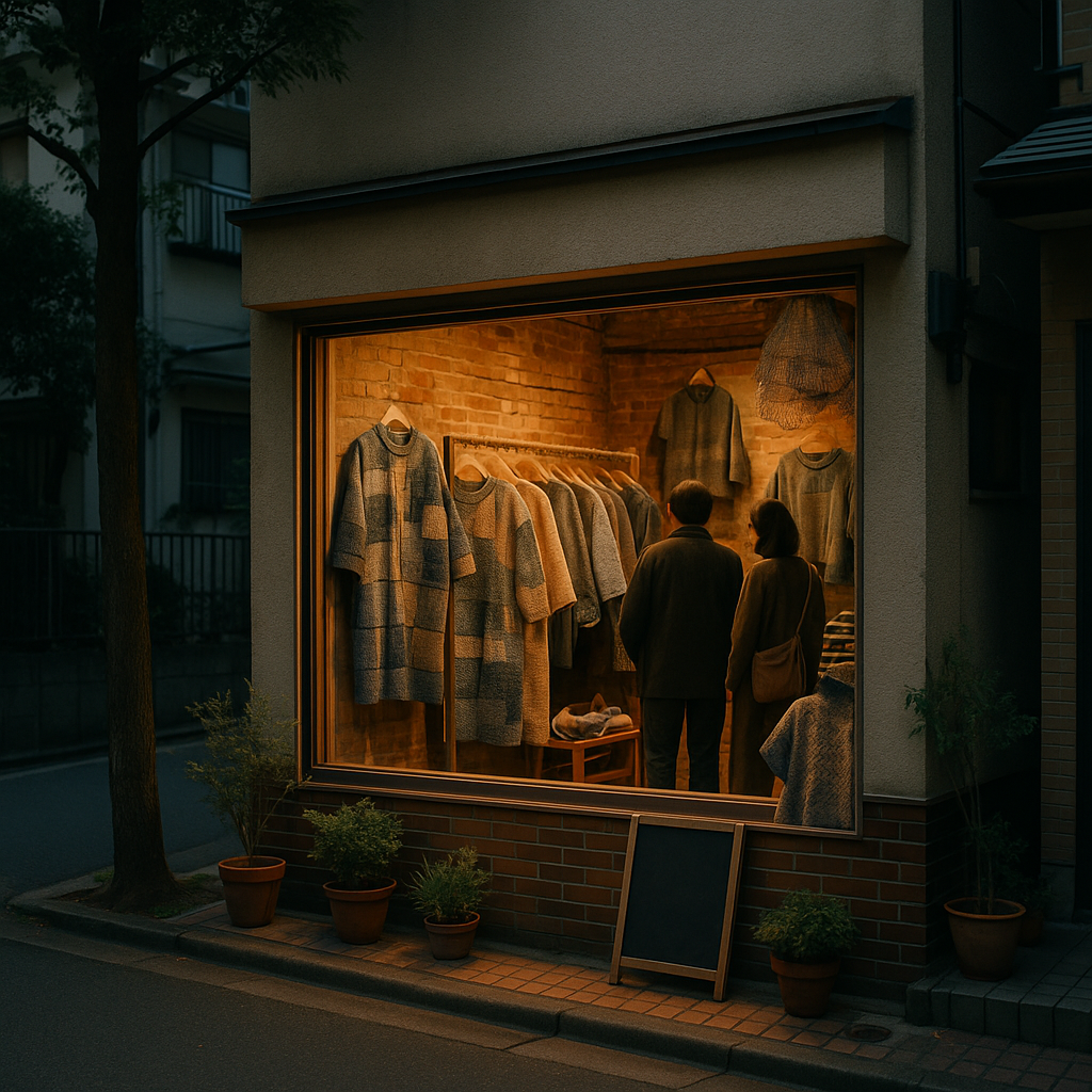 代々木上原の閑静な通りに佇む、小さなヴィンテージ風ブティックの温かい窓辺とパッチワークの服