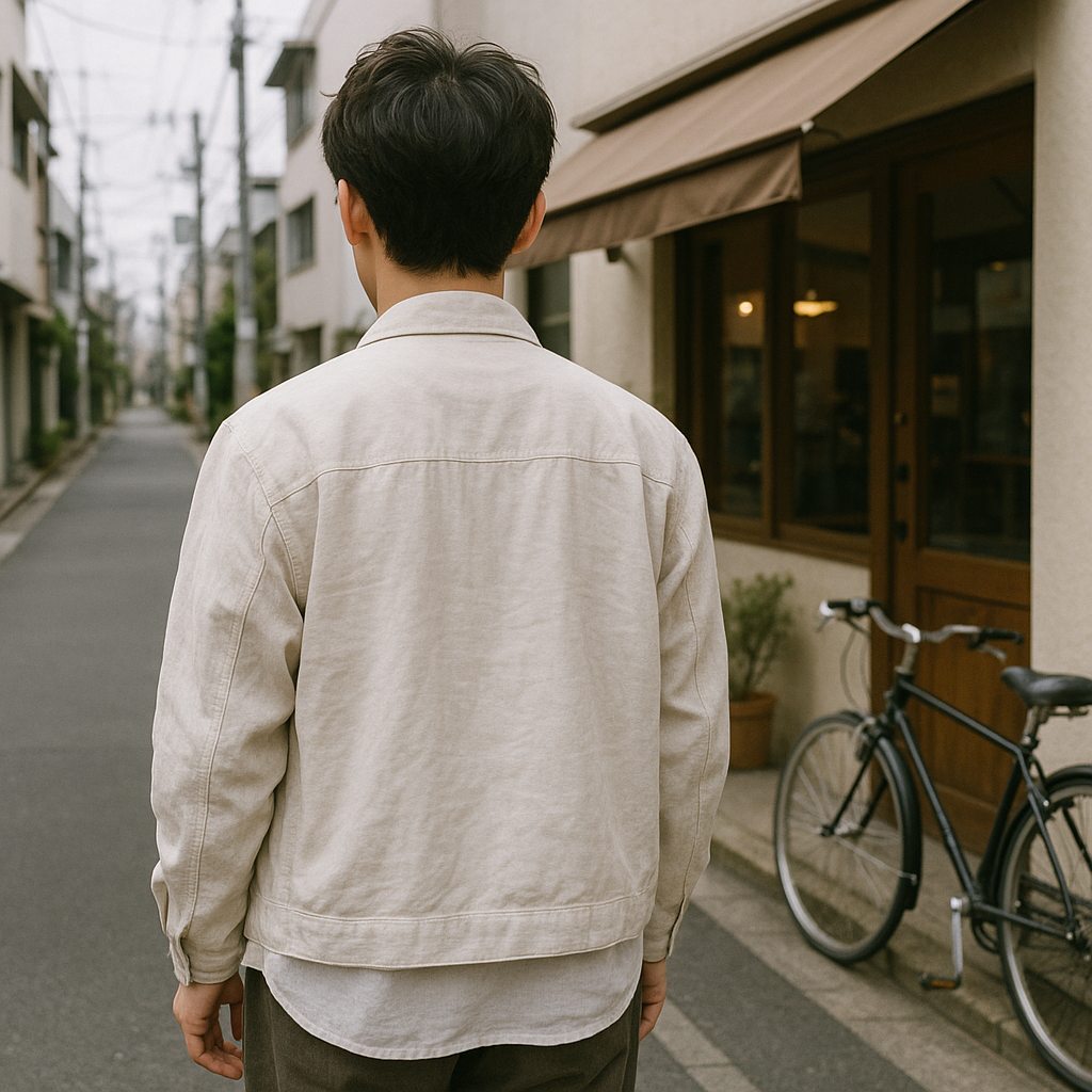 代官山のカフェ前で白いシャツと軽い白アウターを着た人の後ろ姿。自転車と薄曇りの空が背景。衣服のレイヤリングがわかる構図。