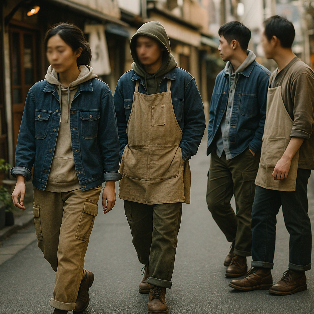 東京の路地でワークウェア風の服を着た人々（顔は判別できない）