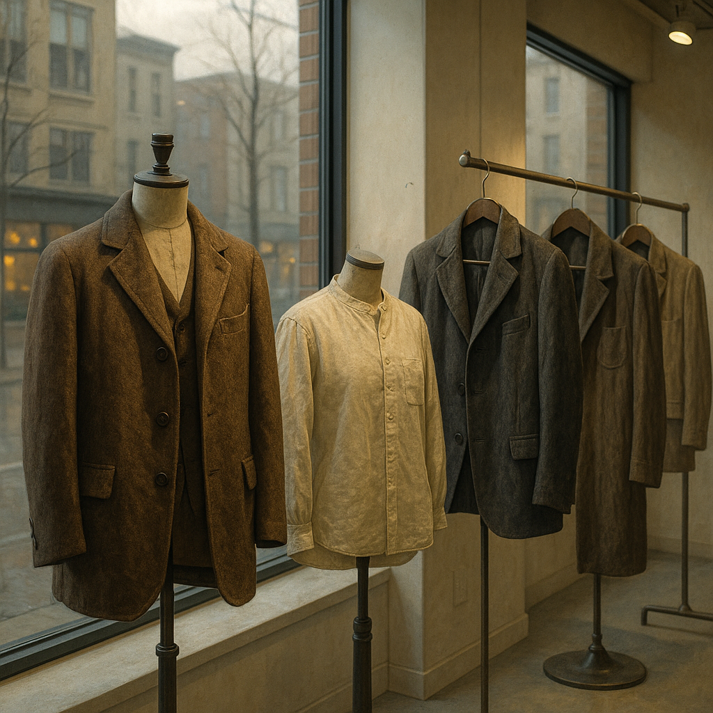 ギャラリー風に展示された古着のコートやシャツ。都市の窓越しに見える落ち着いた展示風景。