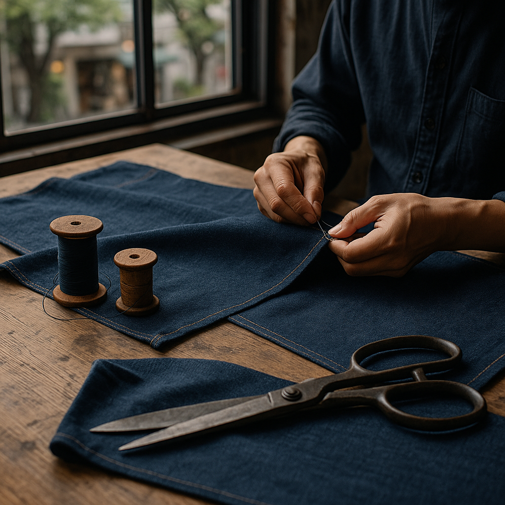 デニム生地と職人の手元が映る東京の小さな工房の風景。窓の向こうに街並みが見える。