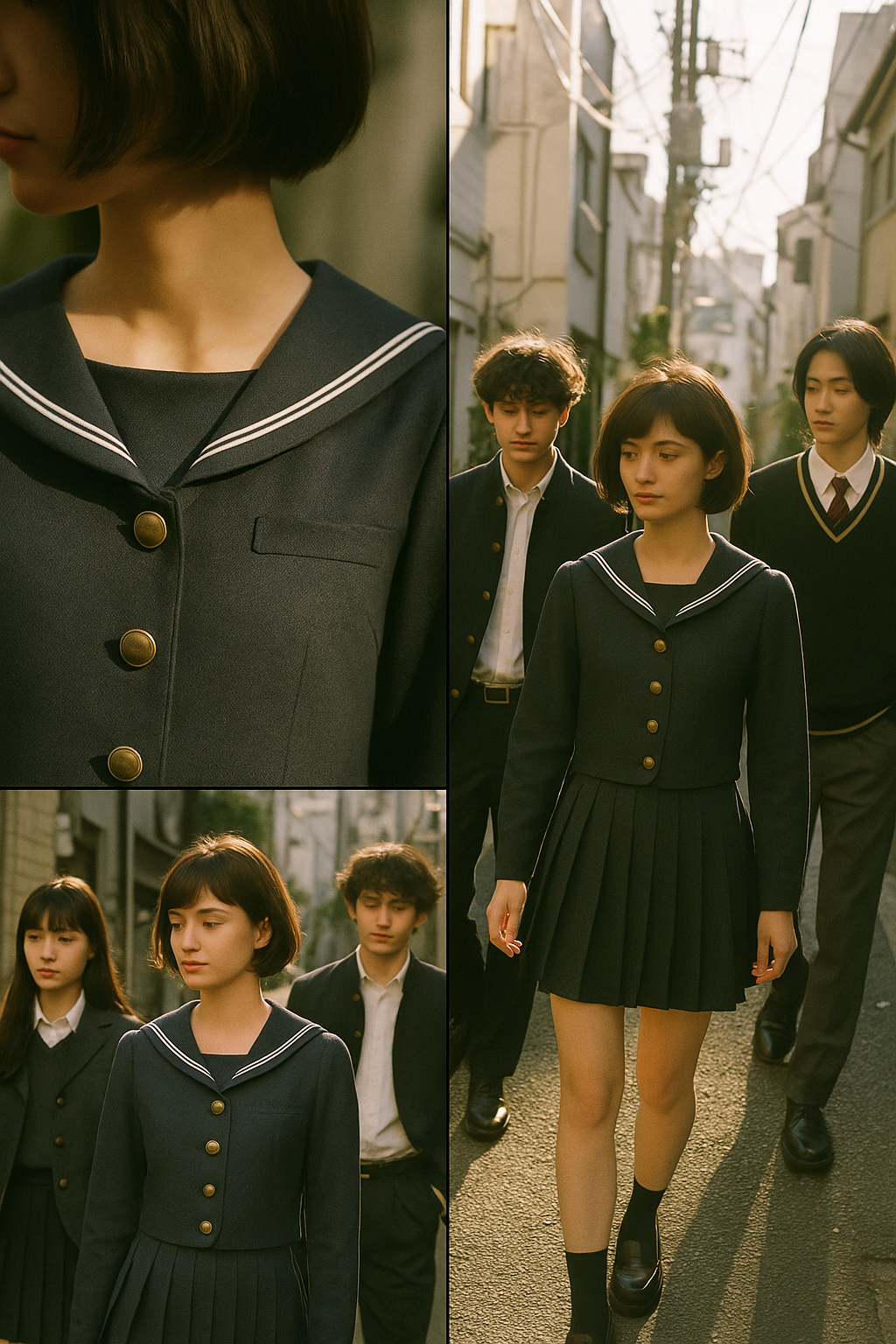 原宿の路地で制服パーツを取り入れた若者たちのグループと襟・金ボタンのクローズアップ