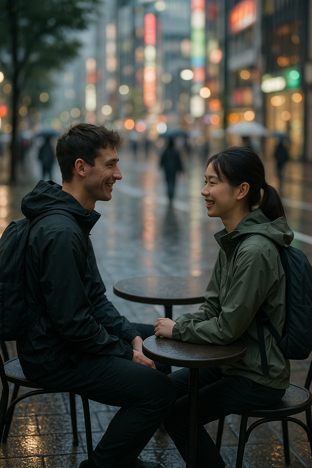 渋谷のカフェテラスで薄手シェルを羽織る人々。濡れた舗道と街の光が背景にぼけている。