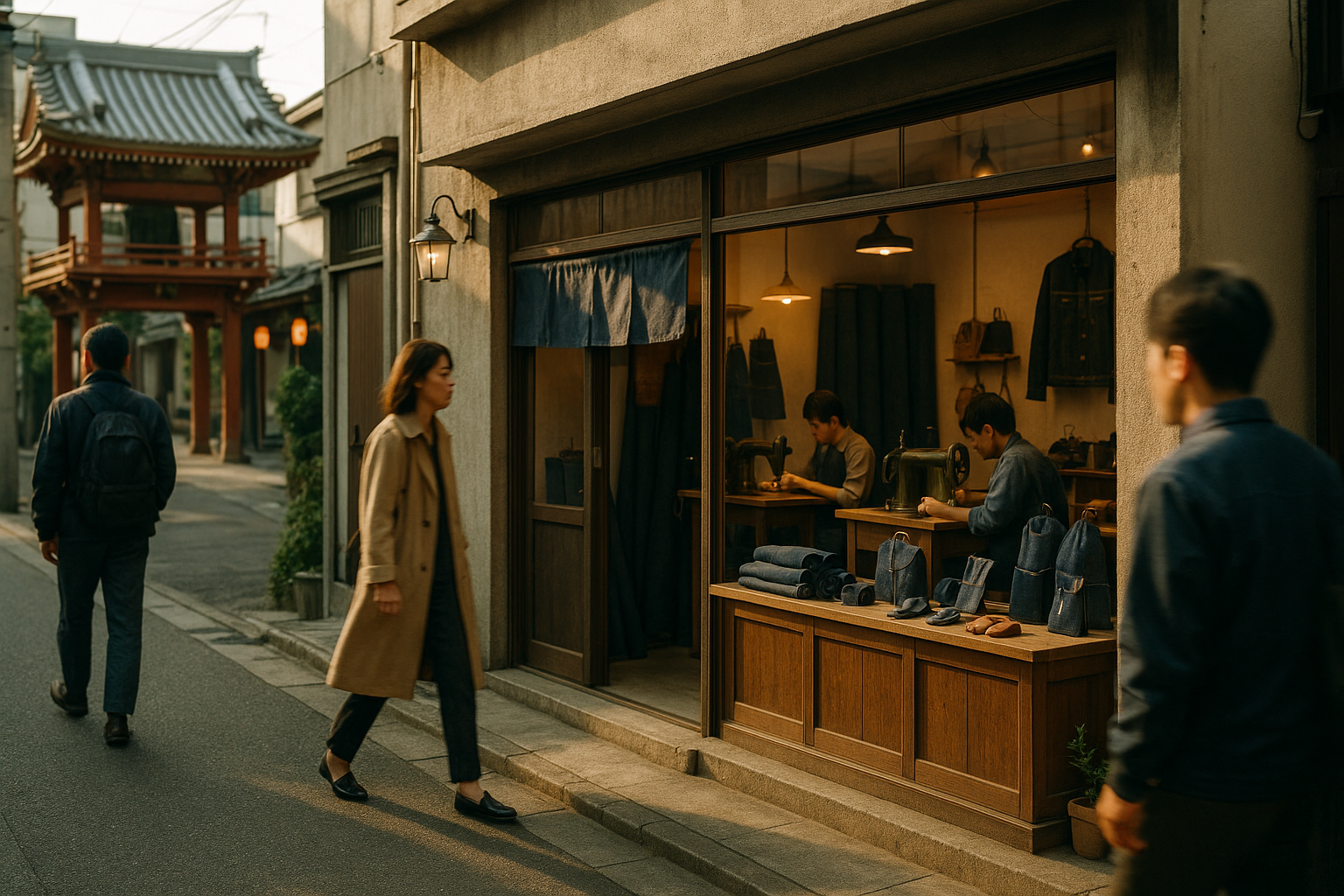 浅草の寺社近くに出店したデニムの小さな工房兼ショップ。店内で仕立てをする職人と藍の生地が見える風景。