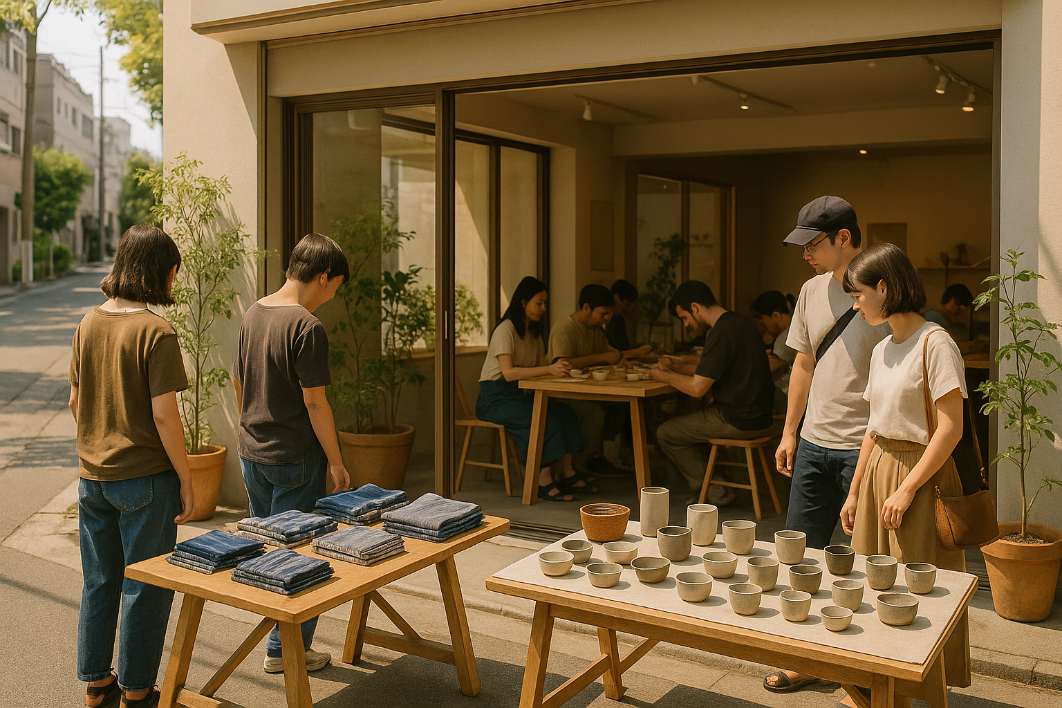 東京の週末、ポップアップで地元の手仕事を手に取る来場者の風景。屋内の温かい光と木製什器、ワークショップの様子が写っている。