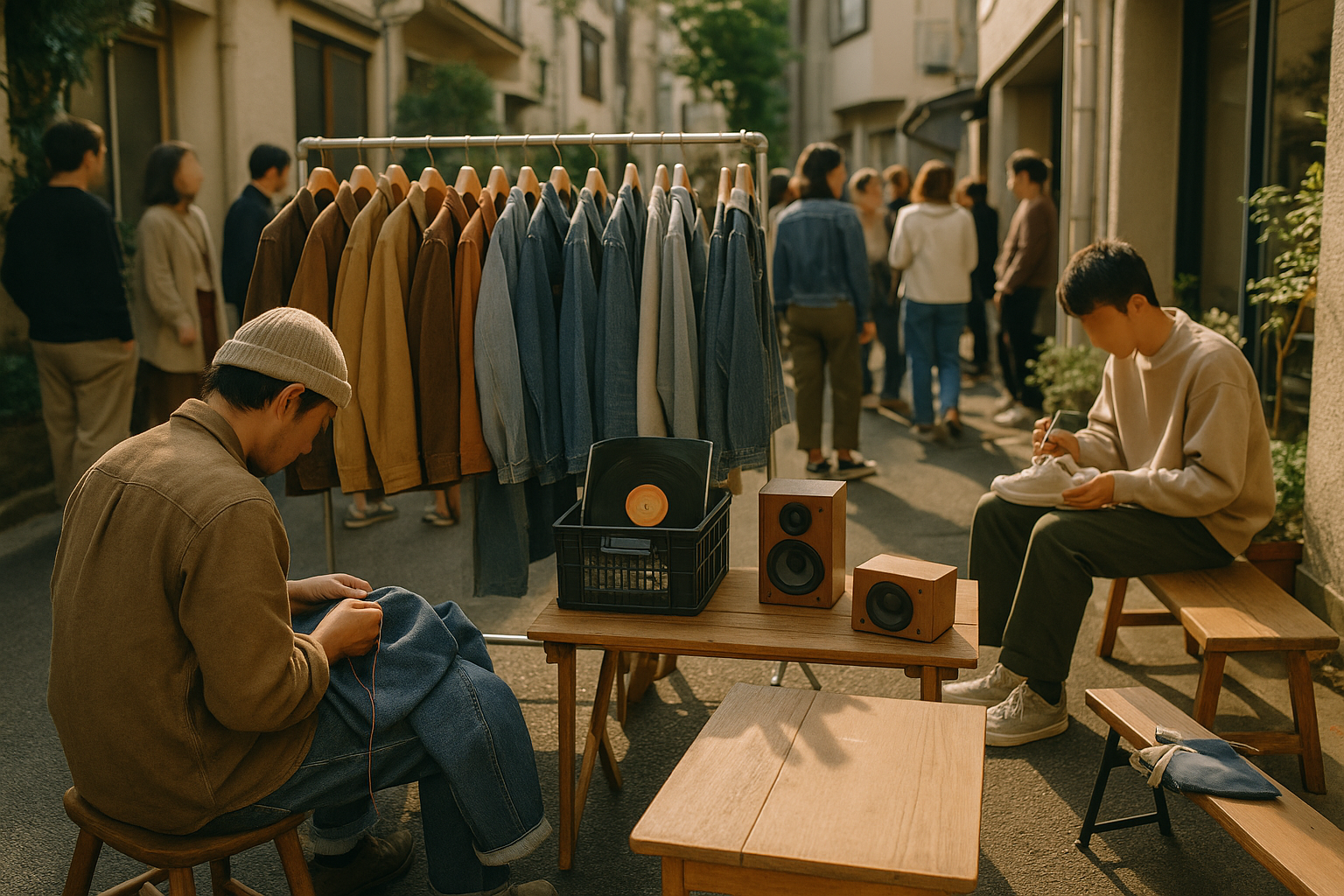 原宿の路地で開かれたヴィンテージとリメイクの週末ポップアップ。ラックのジャケット、レコードテーブル、刺繍作業をする職人の手元が見える風景。